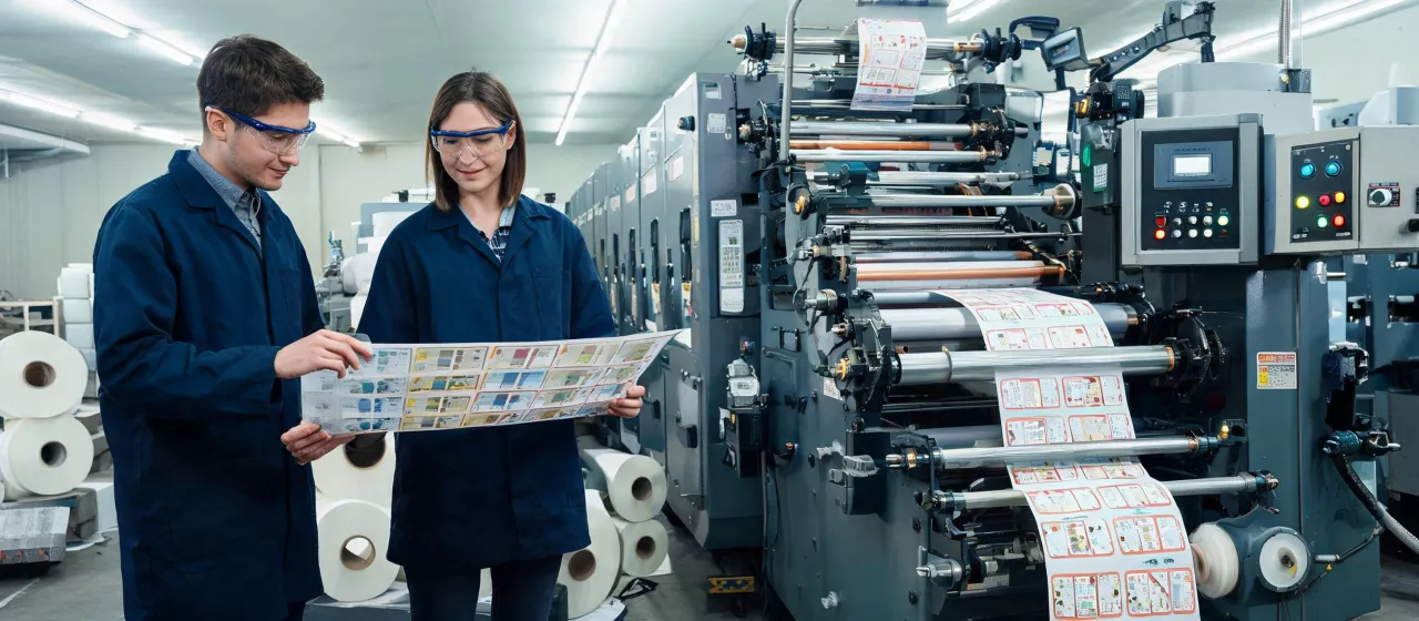 Label converter team reviewing roll proof