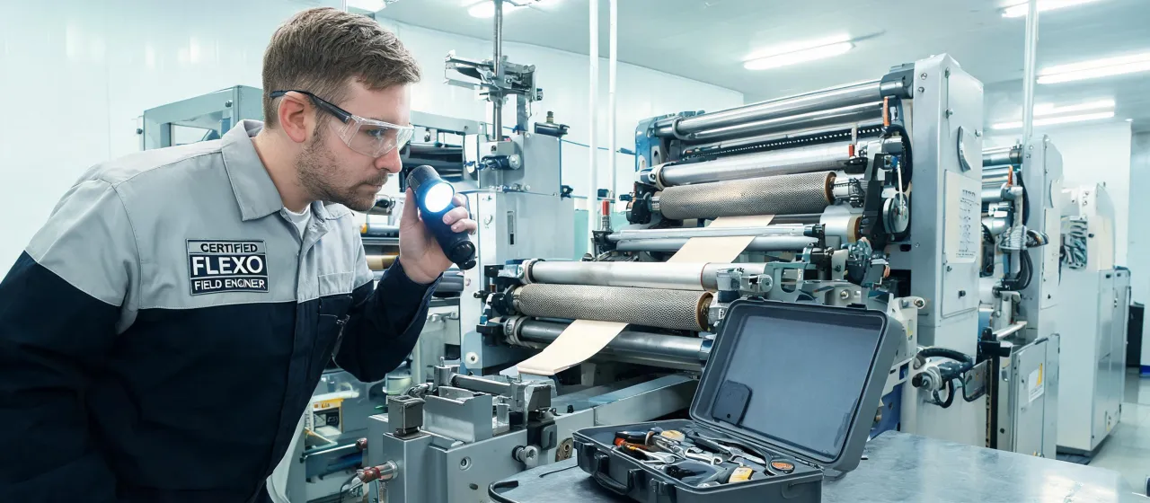 Press engineer inspecting anilox roll