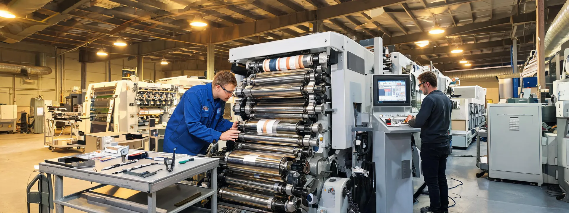 Field engineer servicing a narrow-web flexo press
